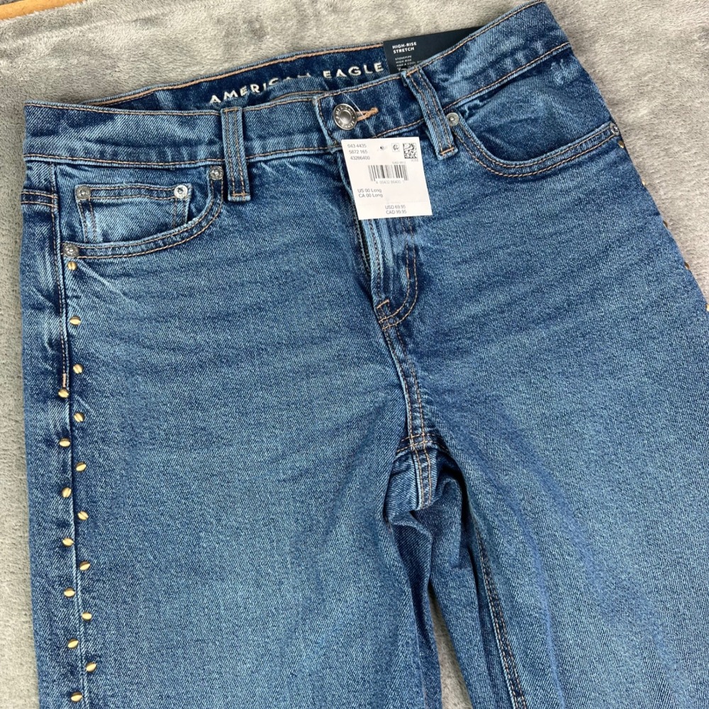 American Eagle Stovepipe Jeans Womens 00 Long Blue Studded Stretch High Rise